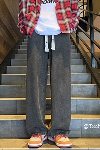 浅蓝色松弛感抽绳牛仔裤男款夏季美式复古松紧腰潮牌直筒宽松裤子图片