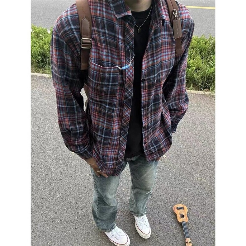 CP1223-P38日系复古格子宽松休闲单排扣口袋长袖格纹衬衫,男装衬衫,电商B323A