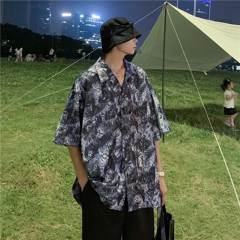 2026夏季新款男垂感卡通印花短袖情侣冰丝衬衫B299-X5513-P35限49,男装T恤,电商A061-1