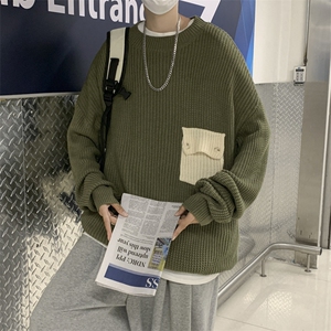 小众设计感口袋拼接撞色毛衣男潮流时尚套头圆领针织衫 M744图片