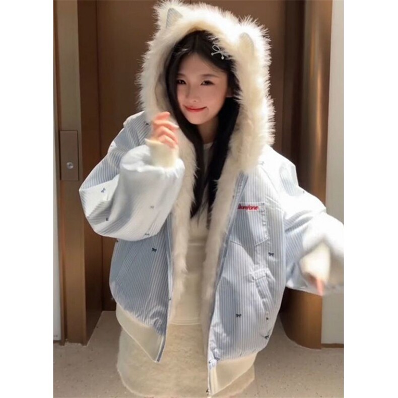 甜美毛绒绒猫耳朵棉服女冬季双面穿座山雕学院风棉衣外套M3623,男装棉衣,星座1116A（原606A-3）