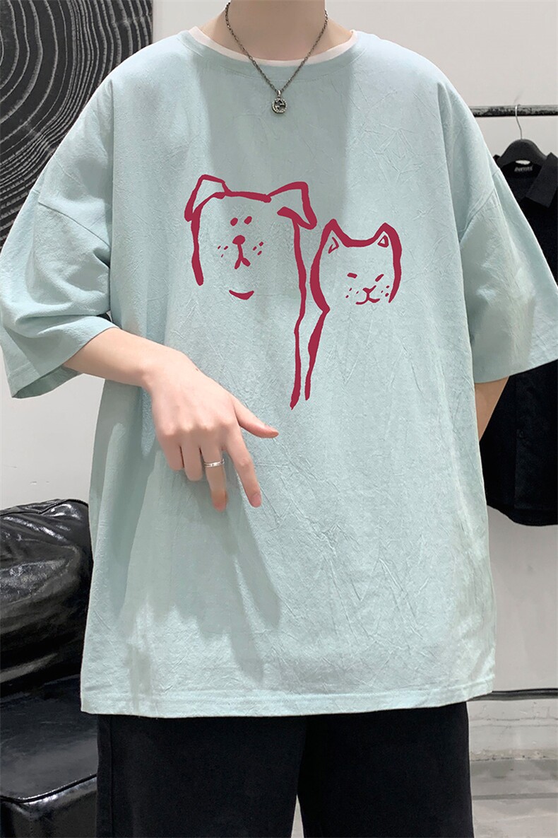 YT26378-P30亚麻短袖t恤男大码五分袖男宽松七分袖大皂风模特,男装T恤,电商A040