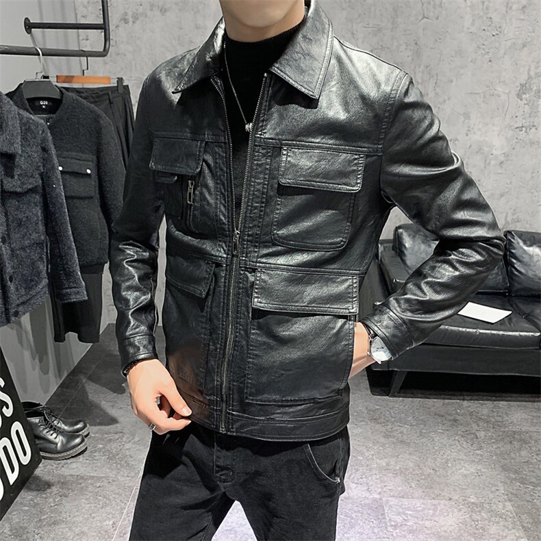 （店主风）秋季修身款皮衣男士翻领水洗夹克外套C301B-PY08,男装皮衣,电商C301B