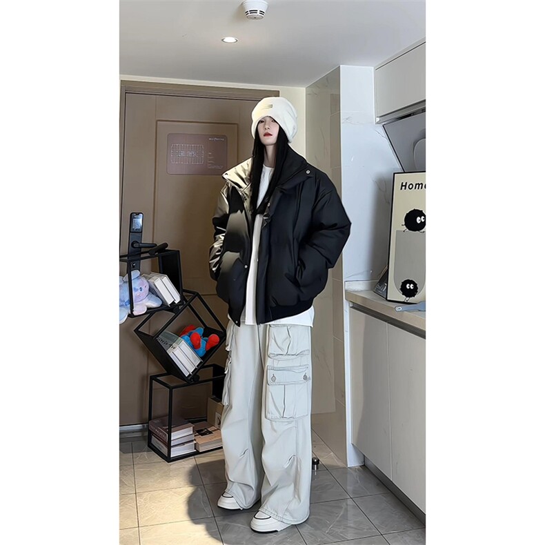 现货冬季三防重磅硬挺boxy短款羽绒刺绣立领PU皮棉衣外套加厚棉服，男装棉衣，电商A486-1