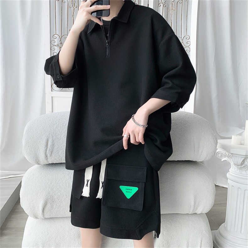 TZ67570/P60夏季华夫格套装男T恤Polo衫男短裤宽松两件套也可单卖图片