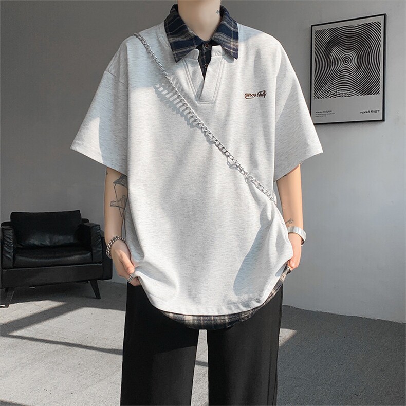 T10110-特批35夏季撞色拼接假两件高级感衬衫领男大码短袖T恤,男装T恤,电商A059