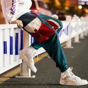 秋季夜景街拍工装裤男宽松多口袋休闲九分束脚撞色潮裤子K270/P65图片