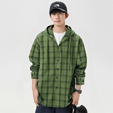潮流格子衬衫连帽长袖帅气开衬外套DSA157B-CS4508-特P55，男装衬衫，电商A157B