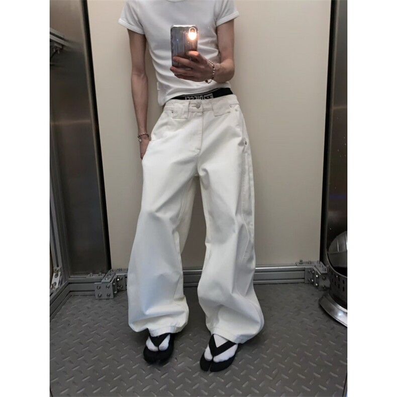 白色牛仔直筒裤女秋季2025新款高腰宽松窄版阔腿女裤春秋弯刀长裤图片