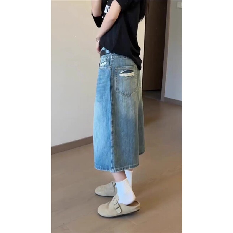 美式复古折痕破洞七分牛仔裤女夏季高腰八分中裤梧桐直筒阔腿短裤,男装牛仔裤,星座506A