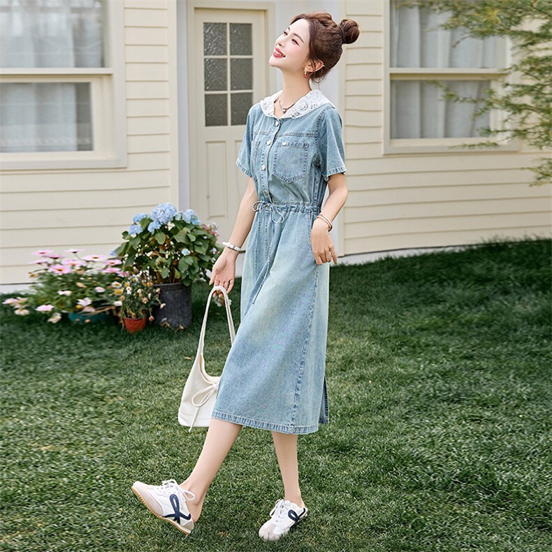 蕾丝连帽牛仔连衣裙女夏季新款时尚洋气假两件休闲减龄收腰中长裙,商品下架区,然然