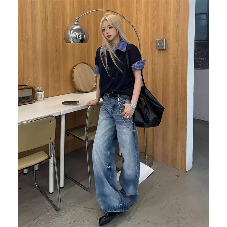 得物抖音高品质二开夏季美式潮牌高街假两件格子衬衣翻领短袖T恤,男装T恤,电商A486