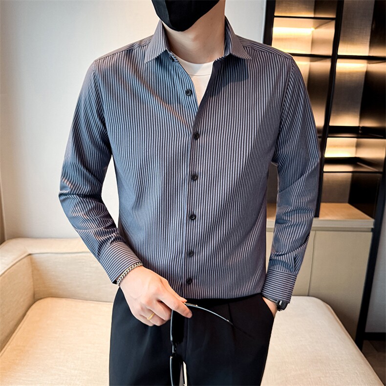 主推新款足货秋冬男士内搭长袖衬衫小伙店主条纹衬衣C601P48控78图片