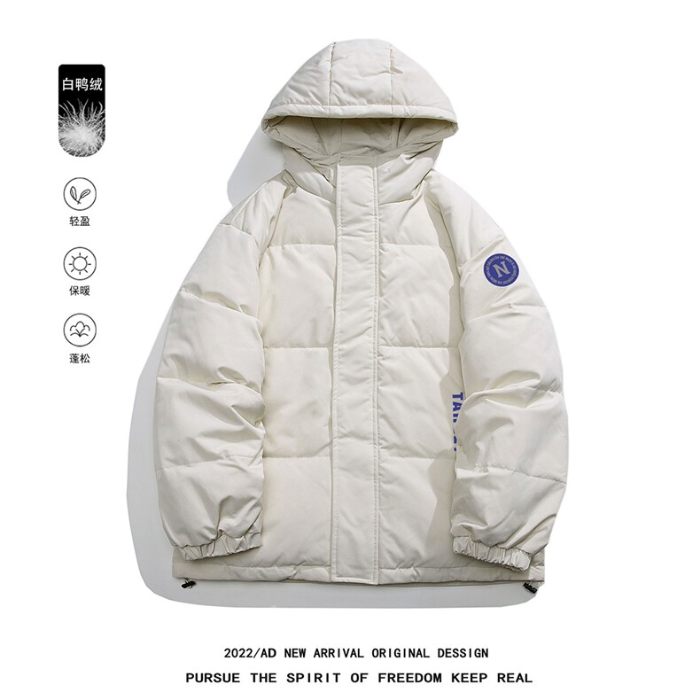 白鸭绒白底新款时尚印花宽松百搭保暖连帽羽绒服YR1304P225K298，男装羽绒服，电商A247-1