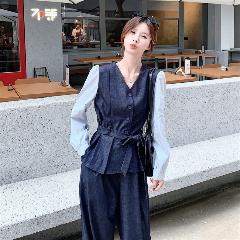 韩系慵懒chic穿搭蓝色套装女初春秋超火好看高级感上衣长裤两件套,女装套装/套裙,2C056