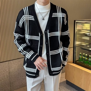 秋冬季新款男士开衫针织衫韩版潮流慵懒风外套宽松格子毛衣 MY08图片