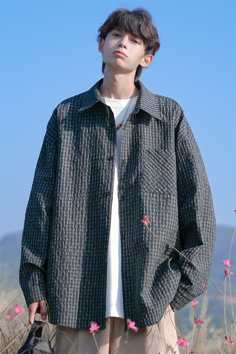 秋季泡泡纱纹理感格子翻领宽松日系衬衫外套男C5469-特P38控75,男装衬衫,电商A001-1