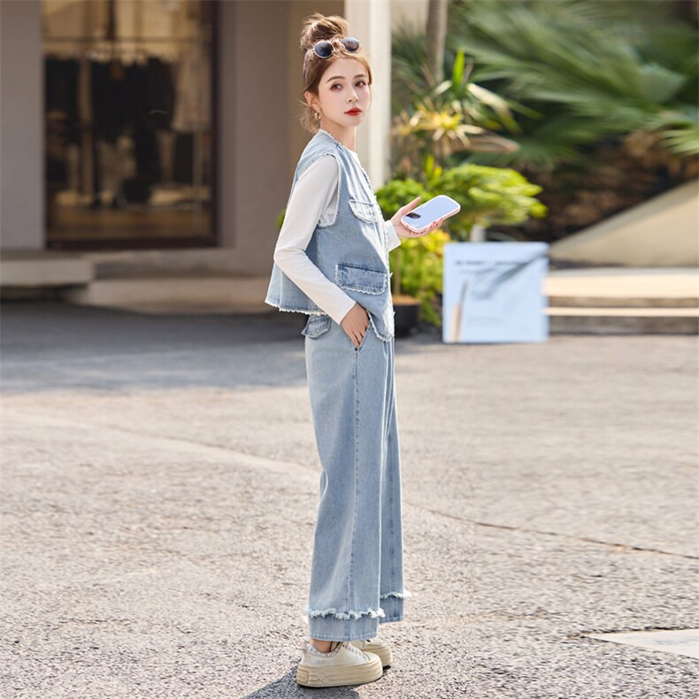 2025秋新款蕾丝拼接收腰牛仔马甲背心阔腿裤三件套,女装套装/套裙,瑶迪