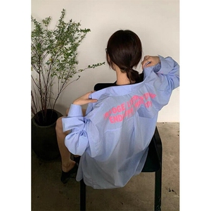 美式条纹印花长袖衬衫男女情侣秋季宽松慵懒风外套 C369图片