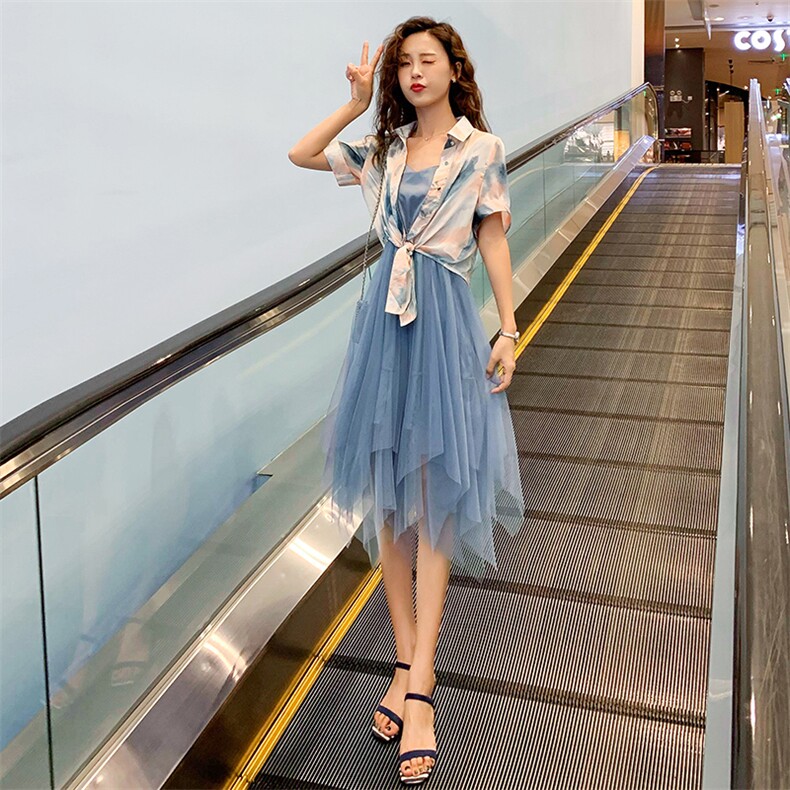 2020年夏季时尚潮流复古衬衫网纱吊带裙套装/套裙,女装套装/套裙,曼娅璐