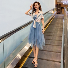 2020年夏季时尚潮流复古衬衫网纱吊带裙套装/套裙，女装套装/套裙，曼娅璐