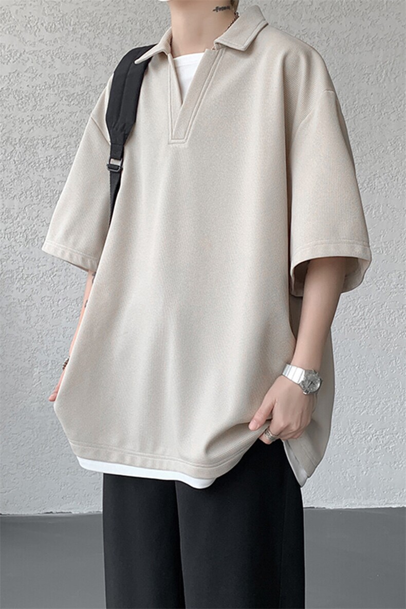8XL-M假两件V领短袖t恤男夏翻领半袖宽松重磅华夫格大码DT001P40,男装T恤,电商B312