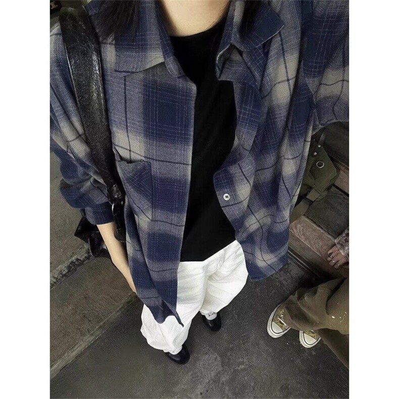 复古做旧渐变设计格纹衬衫男长袖宽松情侣格子衬衣外套C68,男装衬衫,星座1116A（原606A-3）