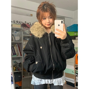 现货重磅boxy短款棉衣座山雕大毛毛领男女棉服水洗工装厚外套图片