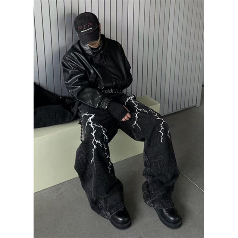 小众闪电刺绣阔腿牛仔裤男春秋季宽松休闲水洗长裤NG110,男装牛仔裤,星座1116A（原606A-3）