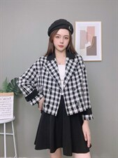 2021秋季新款格子拼皮短外套，女装短外套，中广青青