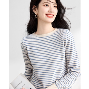 时尚条纹圆领长袖针织衫 秋季新款百搭休闲毛衣 显瘦修身女款图片
