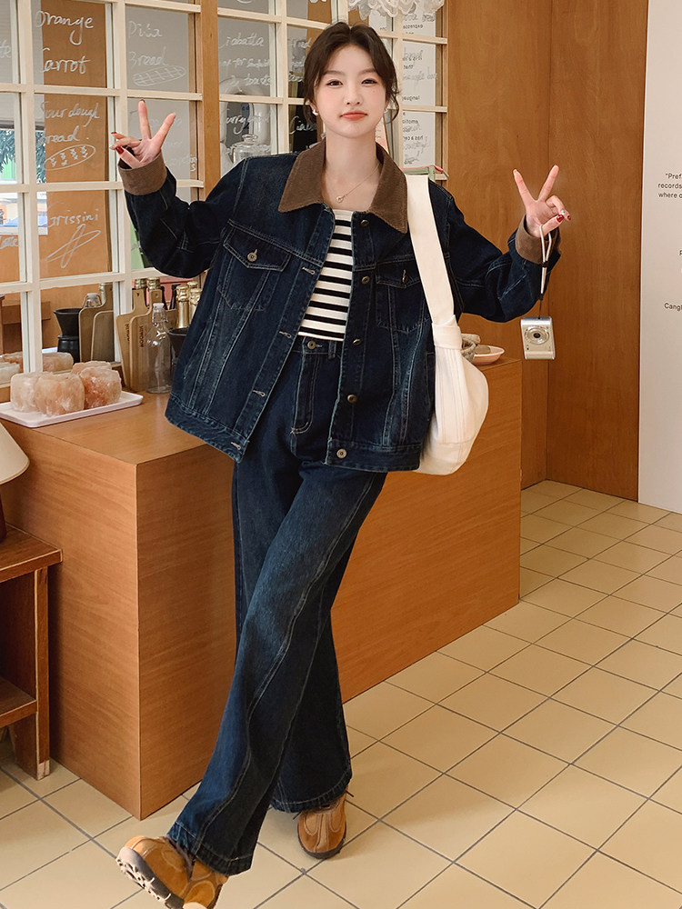 时尚套装春季宽松短款复古上衣套装韩版显瘦小个子春秋牛仔高腰,女装套装/套裙,浙宝305