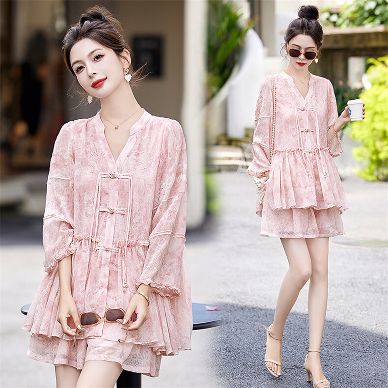 新中式国风短裤套装女2025夏新款高级感小香风欧货粉色防晒两件套，女装套装/套裙，朵莱米