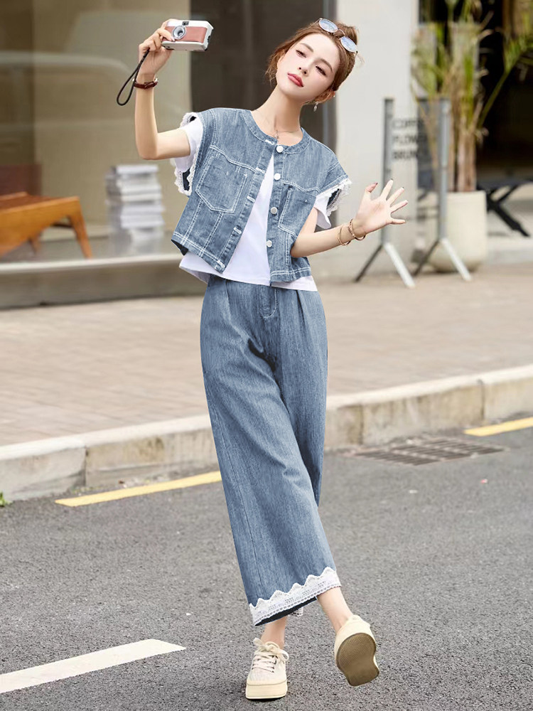 牛仔套装女2025夏季新款韩系小香风蕾丝无袖背心九分裤穿搭一整套,女装套装/套裙,贵人树