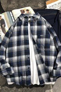 磨毛格子长袖衬衫外套韩版潮流ins超火休闲衬衣男DF05T图片