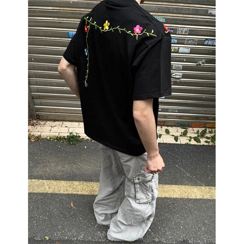高街花卉刺绣设计感短袖男女潮牌宽松重磅空气层情侣T恤T83,男装T恤,星座1116A（原606A-3）