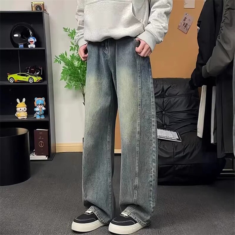 1506/Q5840/P49复古蓝斜切阔腿牛仔裤男款弯刀裤子cleanfit长裤,男装牛仔裤,星座1506