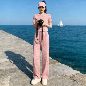 女夏季欧货潮流时尚运动休闲套装粉色扎染短袖上衣阔腿长裤两件套图片