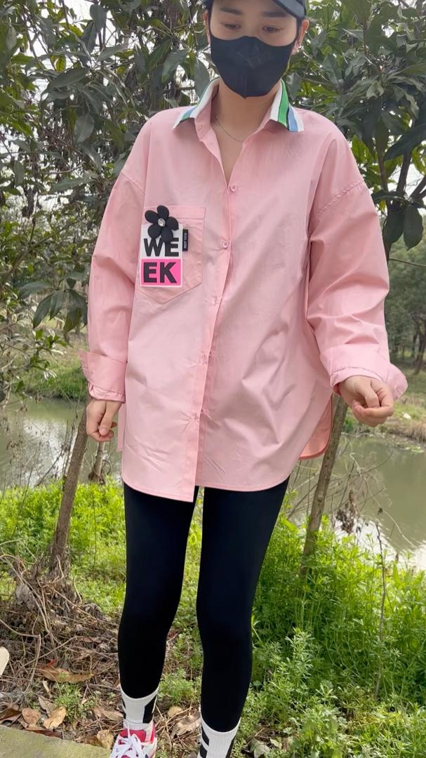 新款拼色领配花朵胸针休闲衬衫,女装衬衫,L·H·X