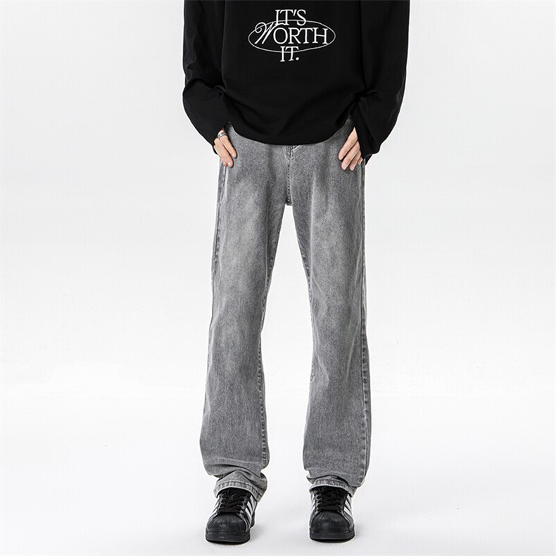 春季烟灰色修身弹力牛仔裤男直筒微喇显瘦美式工装休闲裤KZ034P65，男装休闲裤，电商B312