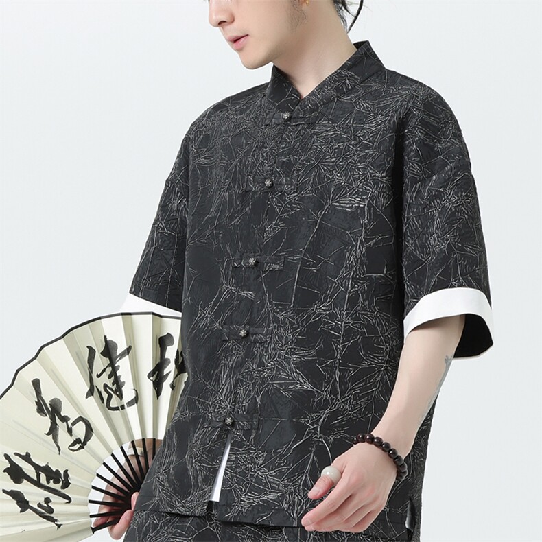 2025夏季新款男装新中式衬衣风纹理盘扣拼接短袖衬衫C98-P60,男装衬衫,电商B277(原6028)