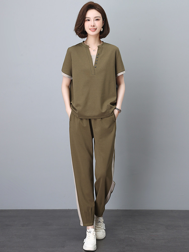 时尚运动套装女中年夏装2025新款减龄年轻洋气妈妈气质短袖两件套,女装套装/套裙,忆绮罗