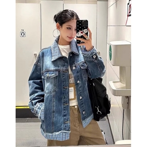 复古格子拼接假两件牛仔外套男女设计感宽松情侣夹克JK8645