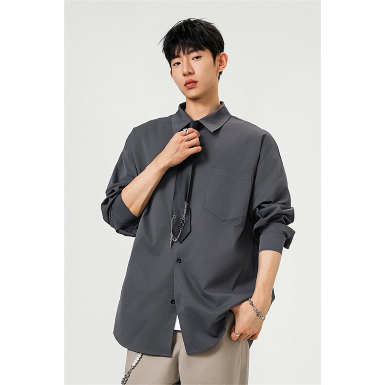 可拆卸链条领带新款高街痞帅宽松大码纯色衬衫男C5539-特P45控88，男装衬衫，电商A001