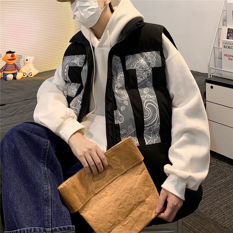 2026秋冬宽松立领印花羽绒棉马甲背心手塞棉MJ17500/P75黑色2,男装背心/马甲,电商A094
