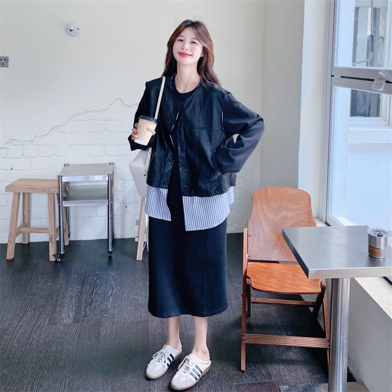 假两件皮马甲长袖连衣裙套装女秋2025新款一整套穿搭卫衣裙两件套,女装套装/套裙,2C056