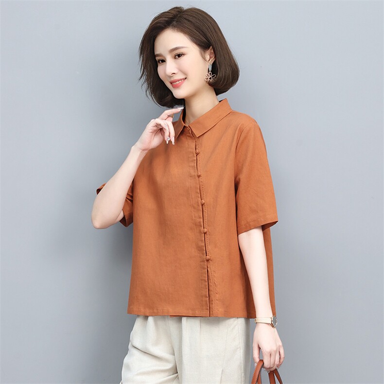 棉麻衬衫女2024夏季新款妈妈短袖衬衣中老年洋气亚麻薄款半袖上衣,女装衬衫,忆绮罗