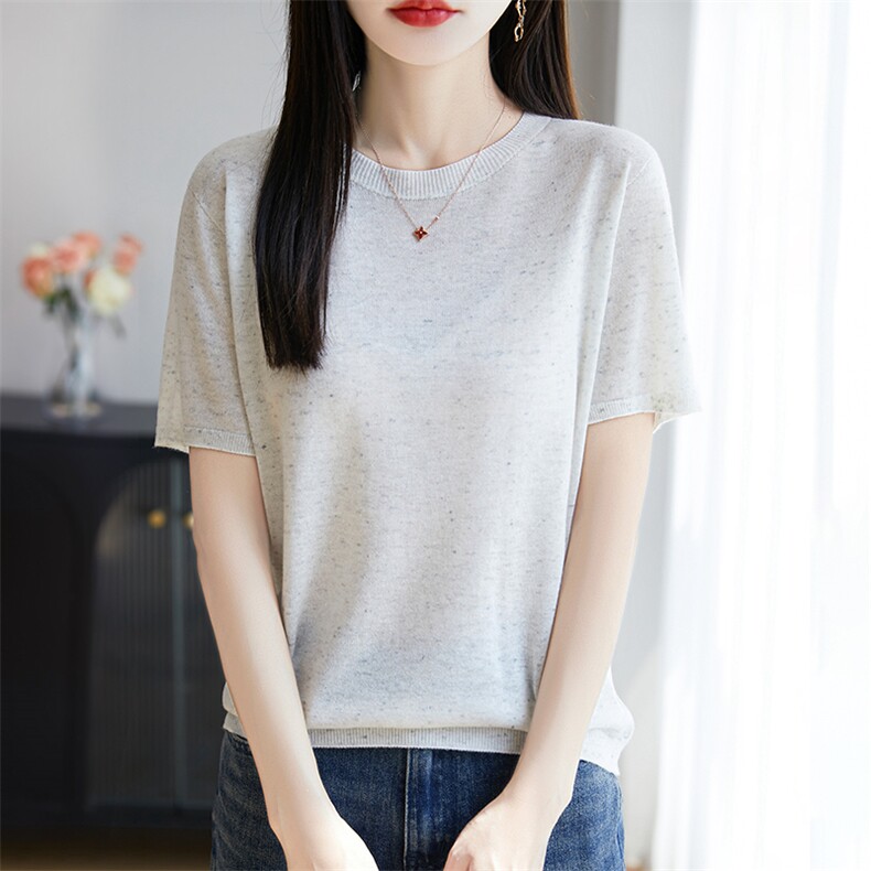 夏季一线成衣天丝亚麻针织短袖女圆领点子纱T恤上衣宽松半袖打底,女装T恤,暖烁羊绒