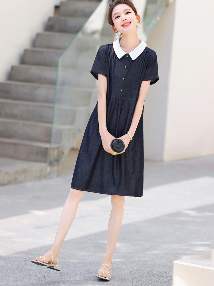 娃娃领连衣裙女2025新款中长款夏季短袖高级感减龄妈妈夏装裙子潮,女装连衣裙,梦芯尔