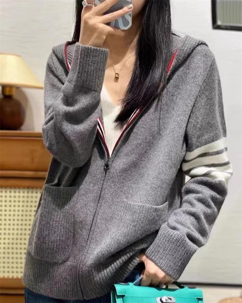 秋季新款女装连帽条纹长袖针织衫学院风宽松开衫毛衣外套,女装羊毛衫,隆格羊绒